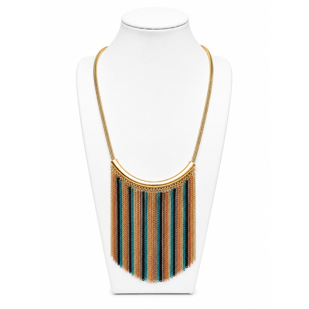 Vintage Multicolor Chain Fringe Necklace Gold Tone Boho Statement 35"